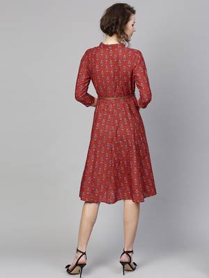 Red floral_print Belted Shirt Dress 4
