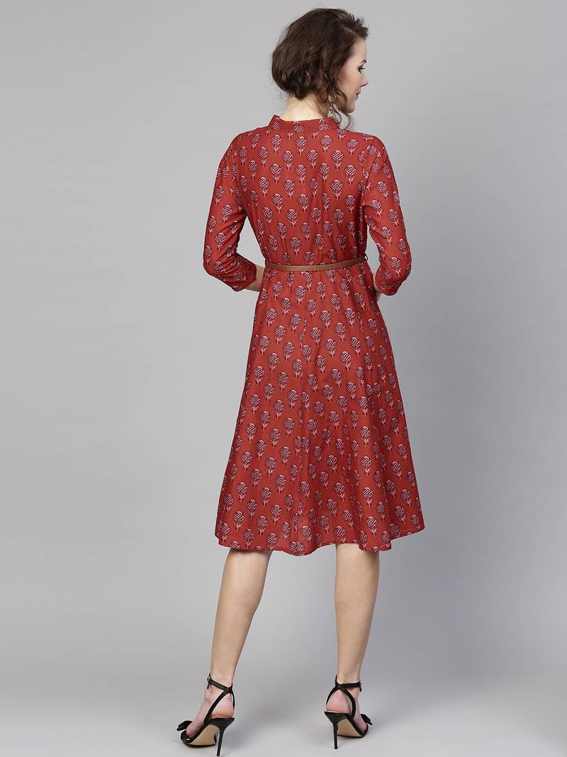 Red floral_print Belted Shirt Dress