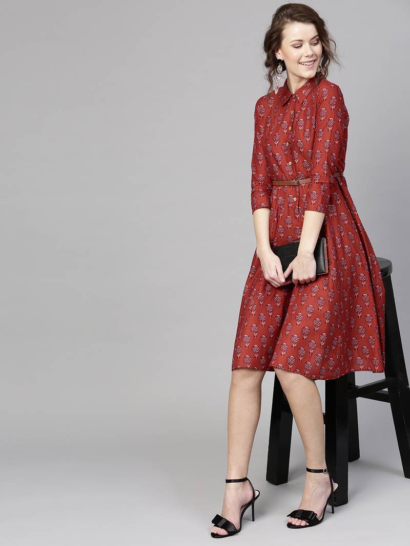 Red floral_print Belted Shirt Dress