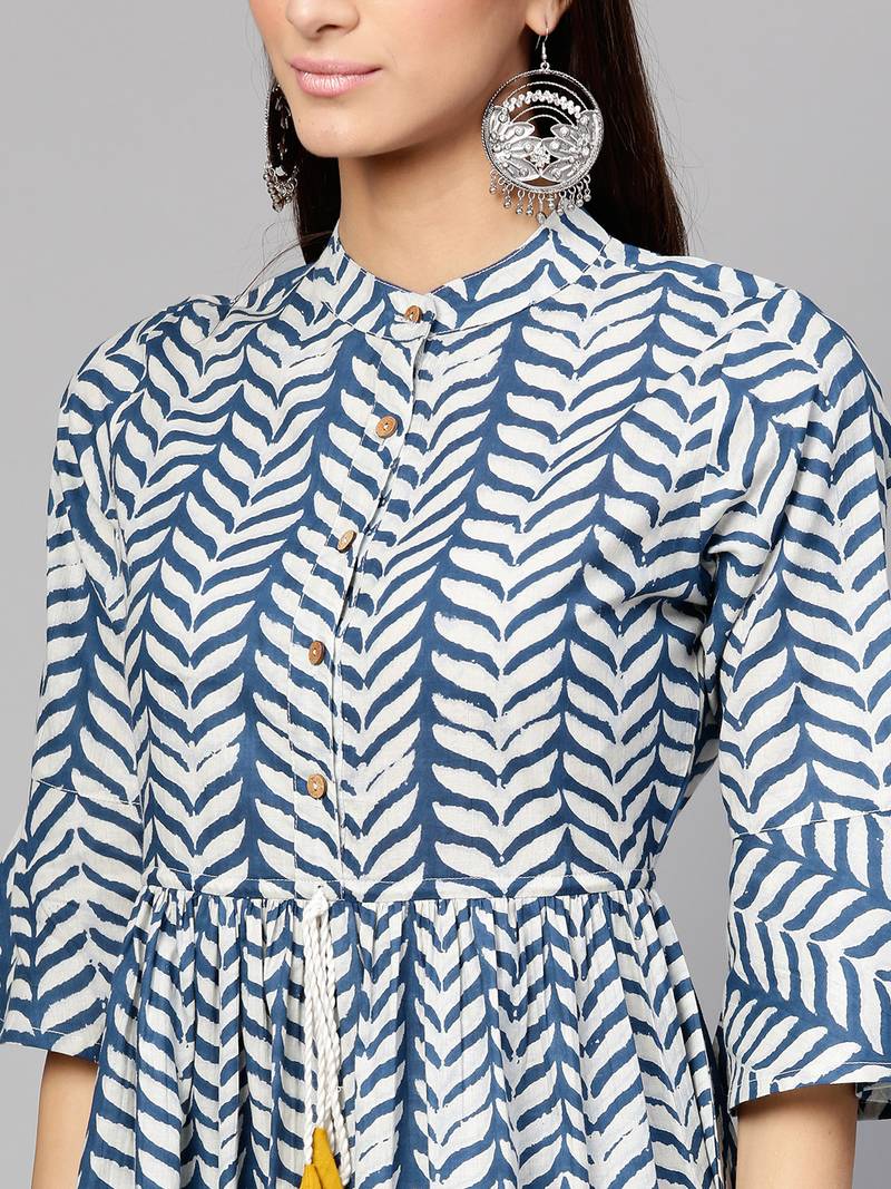 Indigo Leaf Print Drawstring Dress