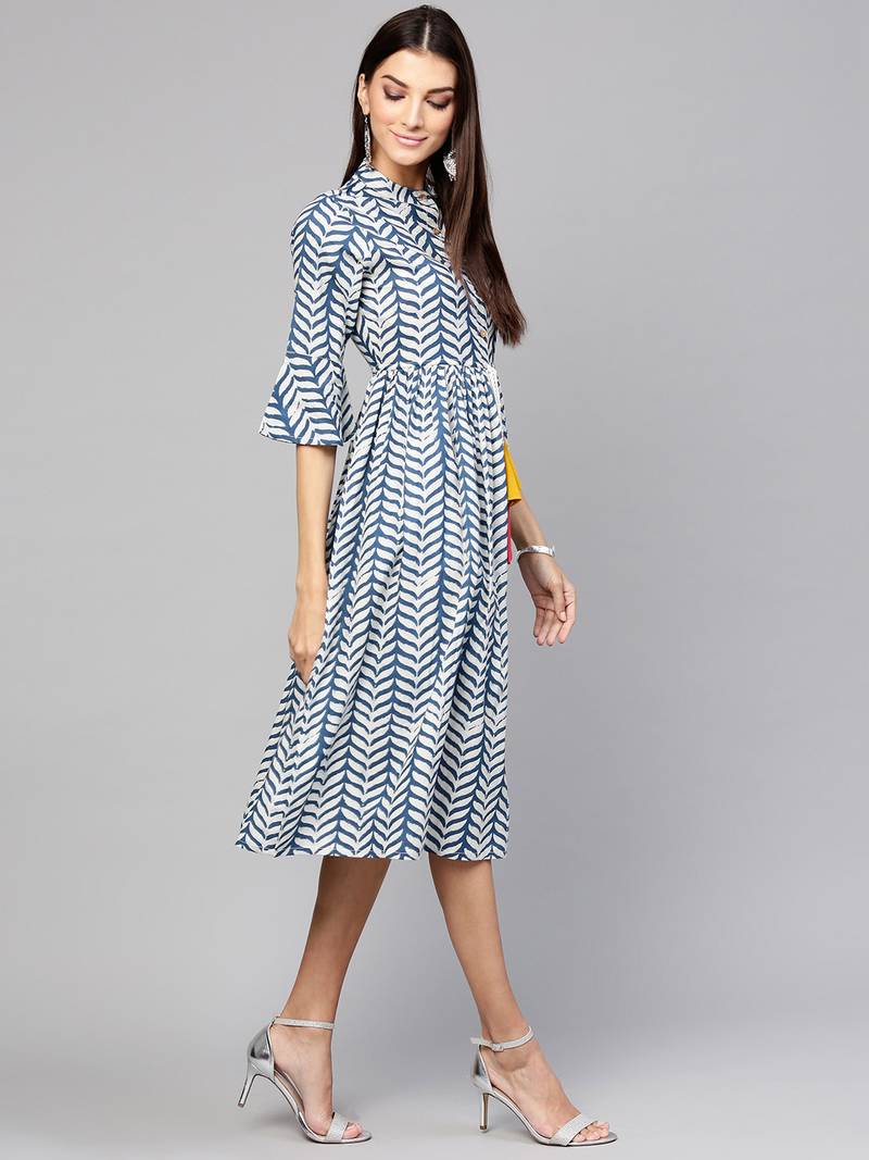 Indigo Leaf Print Drawstring Dress