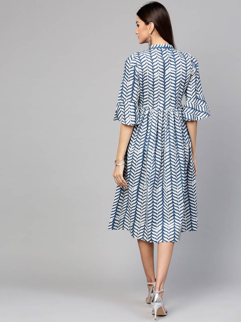 Indigo Leaf Print Drawstring Dress