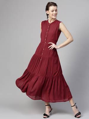 Maroon Tiered Front Button Crinkled Maxi 1