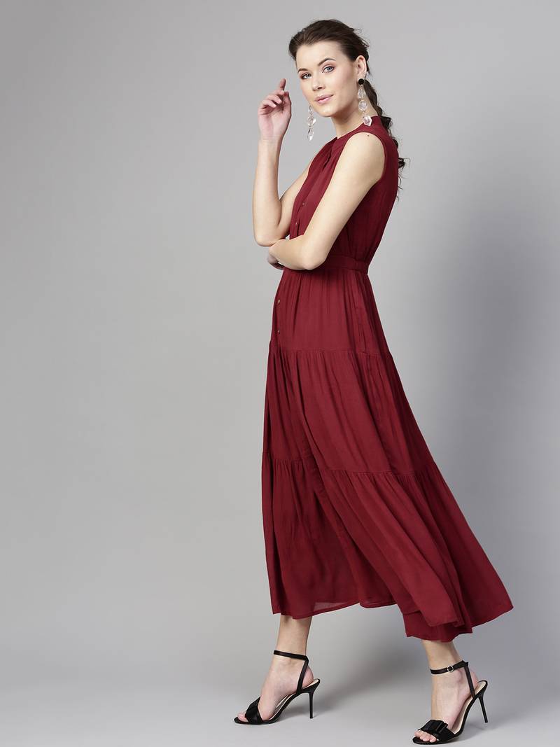 Maroon Tiered Front Button Crinkled Maxi