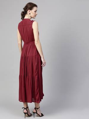 Maroon Tiered Front Button Crinkled Maxi 4