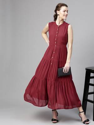 Maroon Tiered Front Button Crinkled Maxi 5