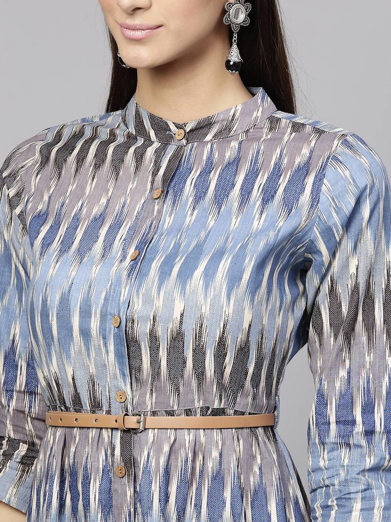 Blue Ikat Belted Dress