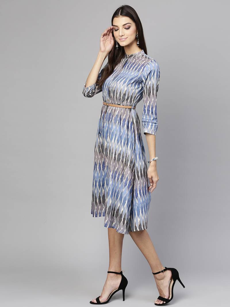 Blue Ikat Belted Dress