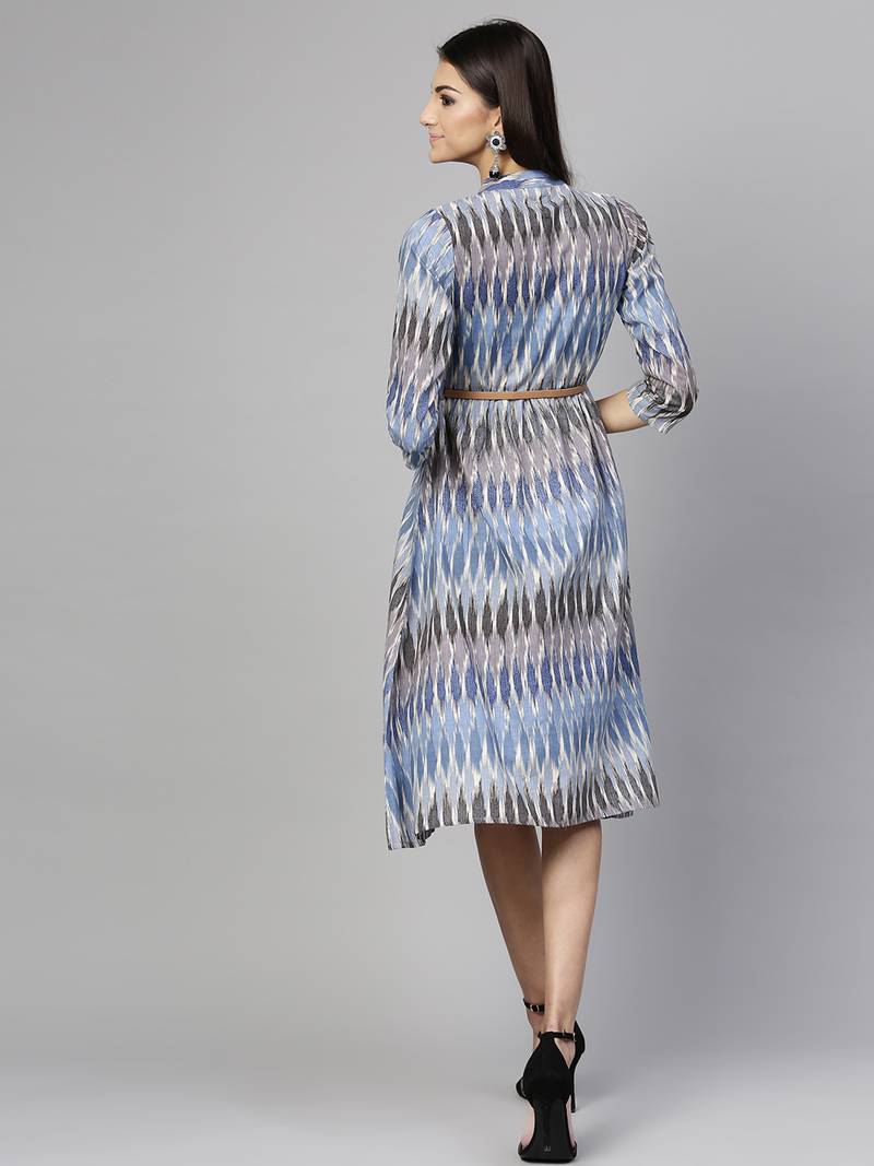 Blue Ikat Belted Dress