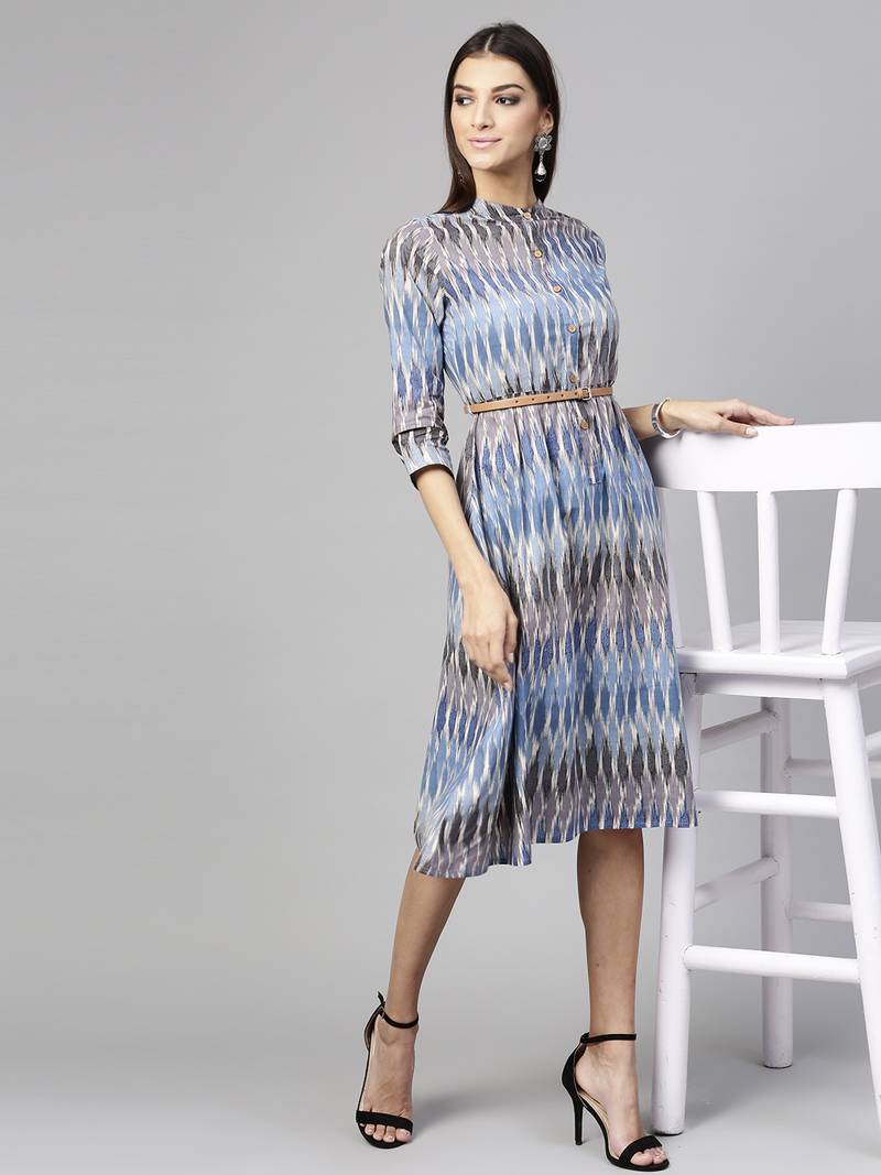 Blue Ikat Belted Dress