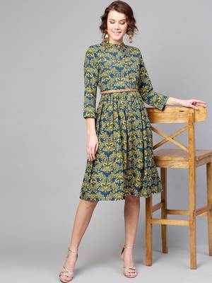 Navy Yellow floral_print Belted Dress 1