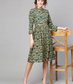Navy Yellow floral_print Belted Dress