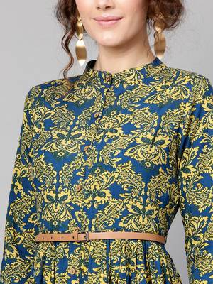 Navy Yellow floral_print Belted Dress 2
