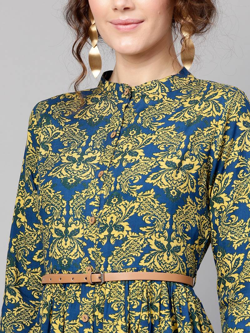 Navy Yellow floral_print Belted Dress