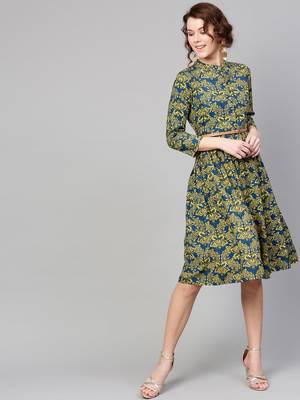 Navy Yellow floral_print Belted Dress 3