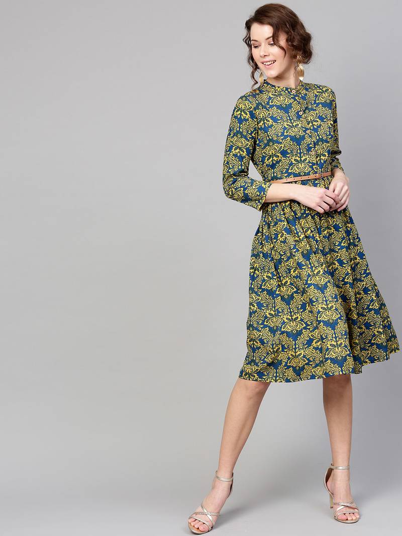 Navy Yellow floral_print Belted Dress