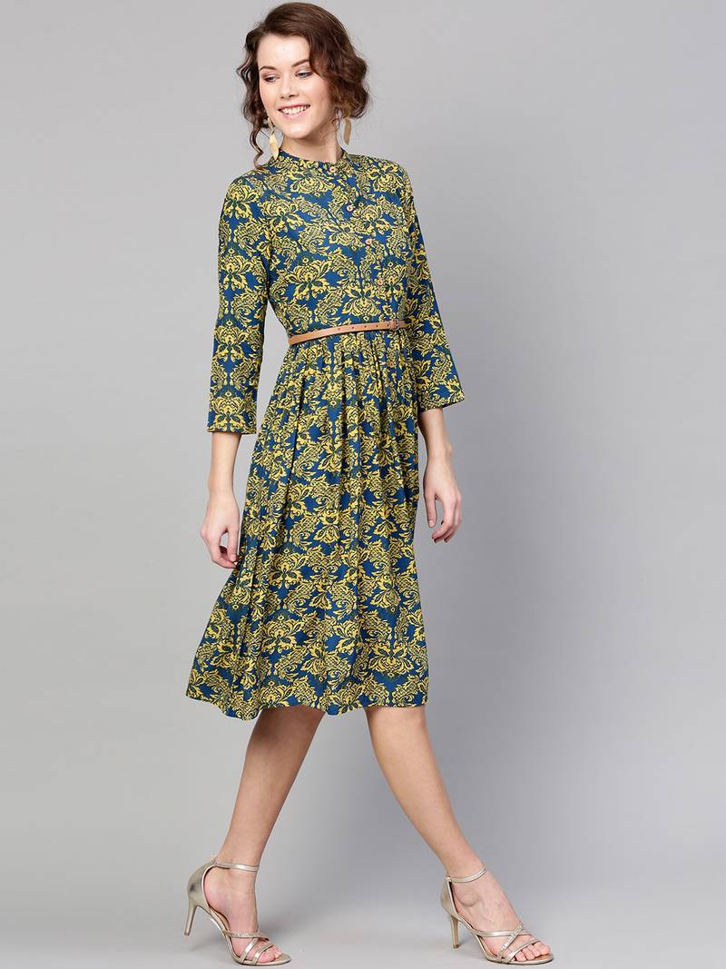 Navy Yellow floral_print Belted Dress
