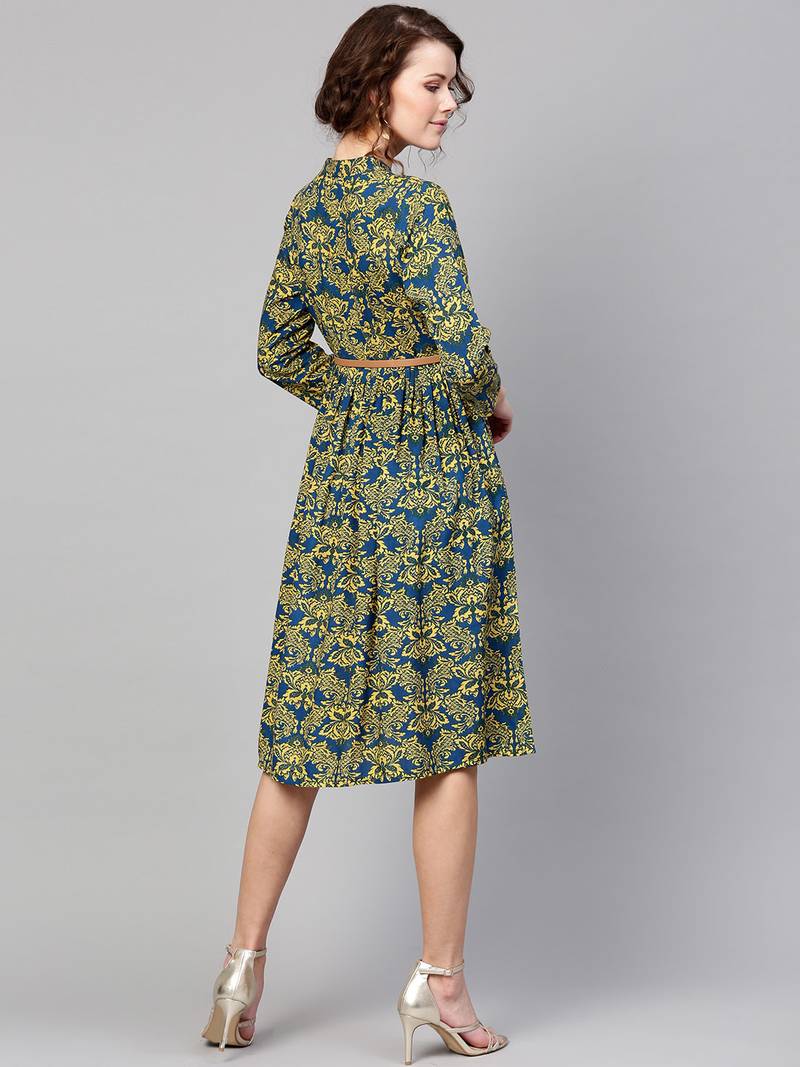 Navy Yellow floral_print Belted Dress