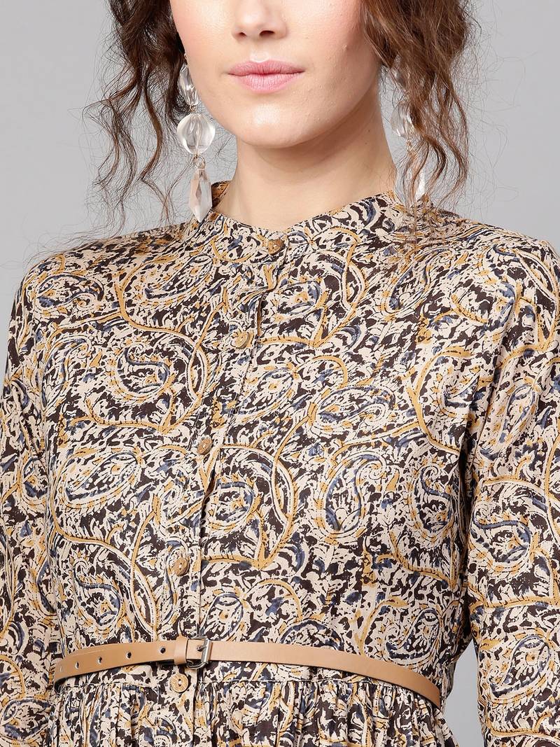 Beige Paisley Belted Dress