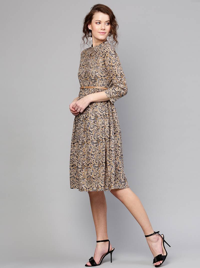 Beige Paisley Belted Dress