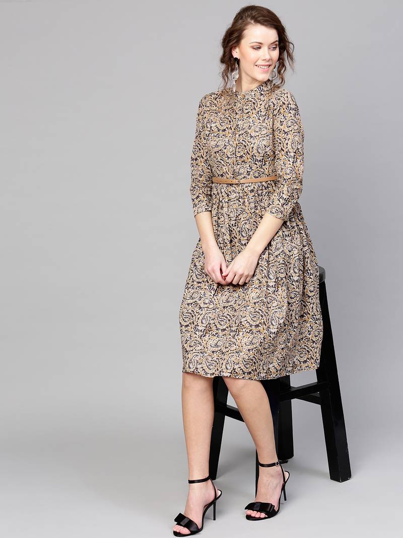 Beige Paisley Belted Dress