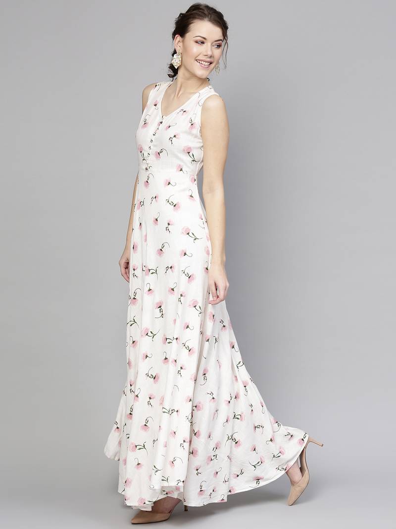 White floral_print Sleeveless Flared Maxi