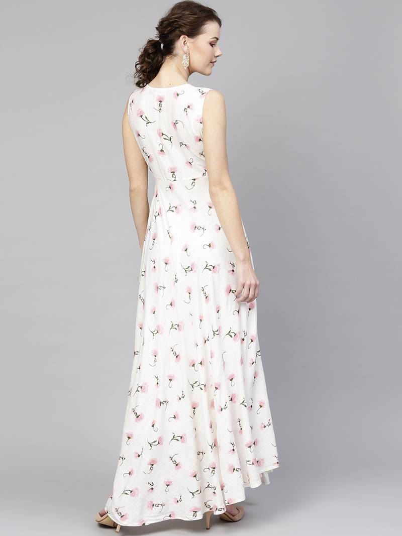 White floral_print Sleeveless Flared Maxi