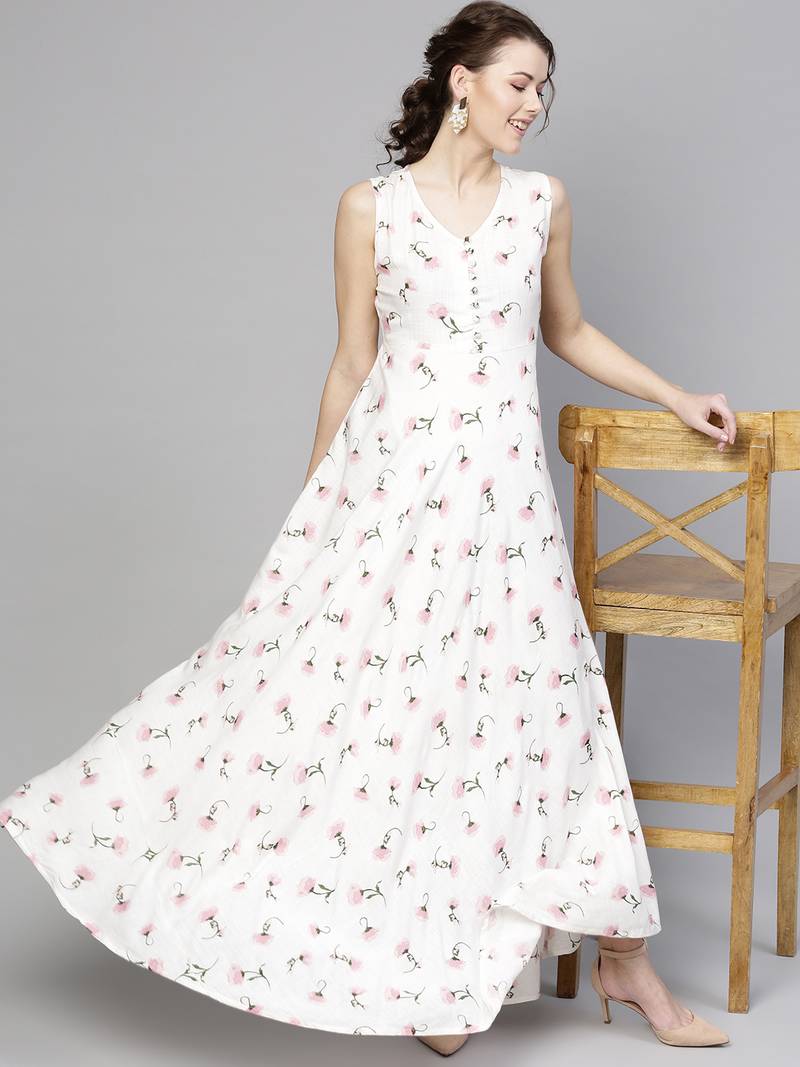 White floral_print Sleeveless Flared Maxi