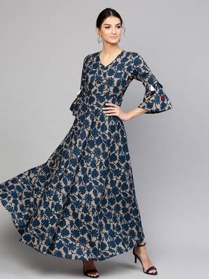 Grey Indigo floral_print Tiered Sleeves Maxi 1