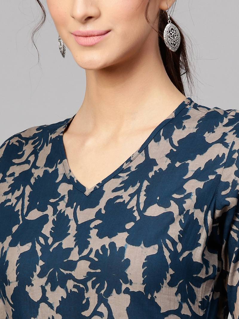 Grey Indigo floral_print Tiered Sleeves Maxi