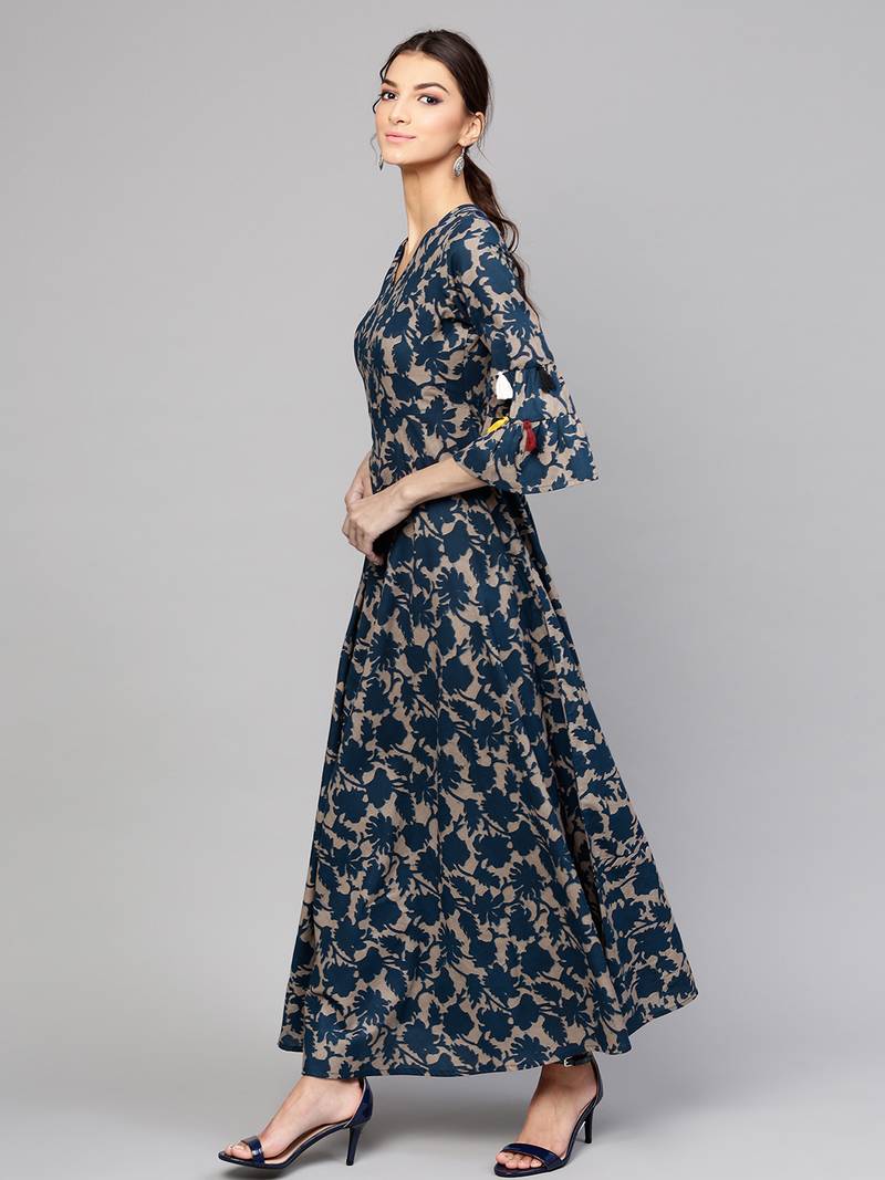 Grey Indigo floral_print Tiered Sleeves Maxi