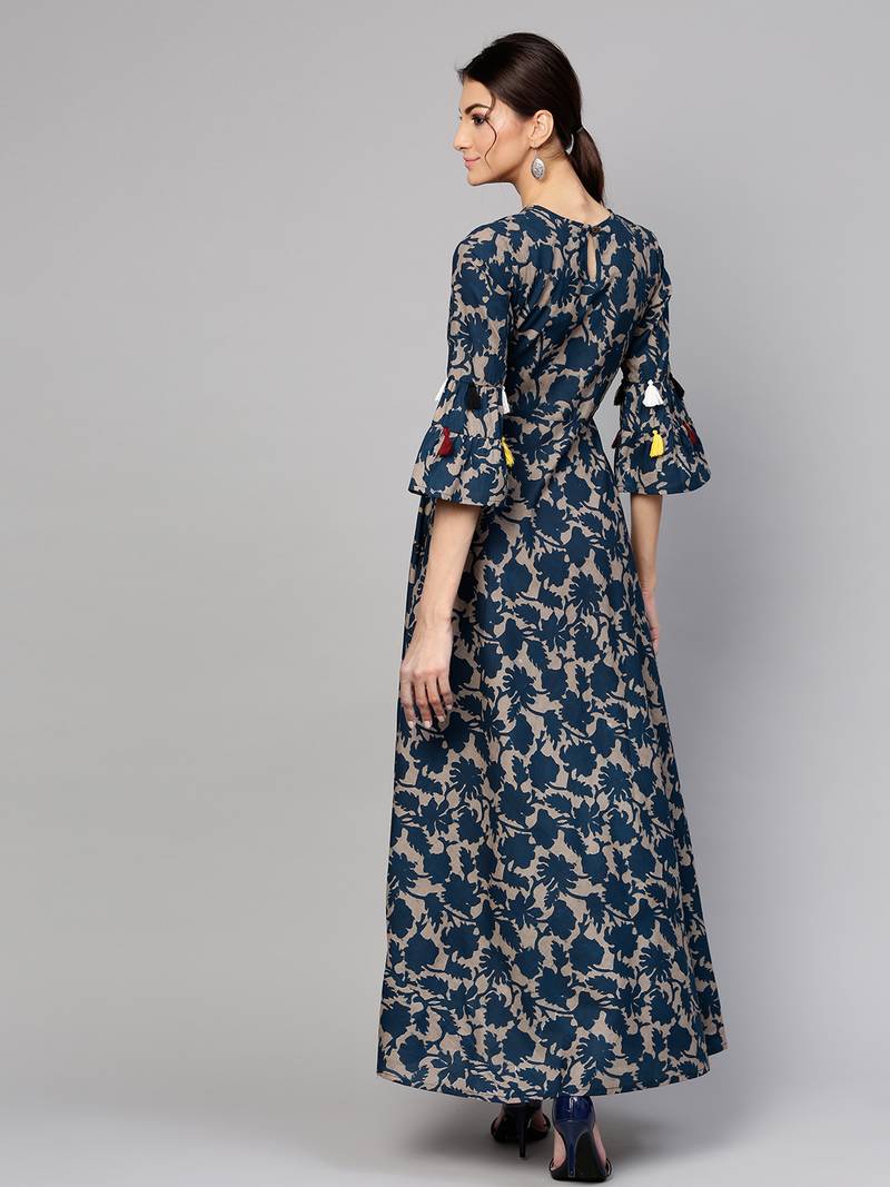 Grey Indigo floral_print Tiered Sleeves Maxi