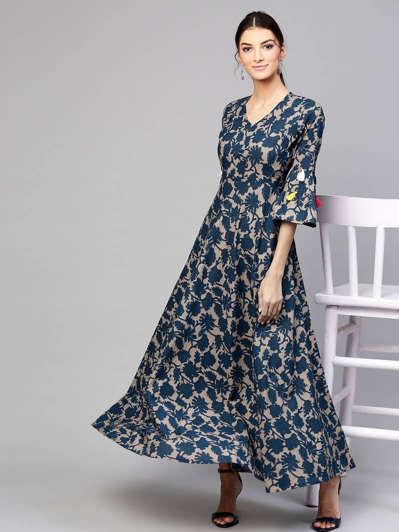 Grey Indigo floral_print Tiered Sleeves Maxi