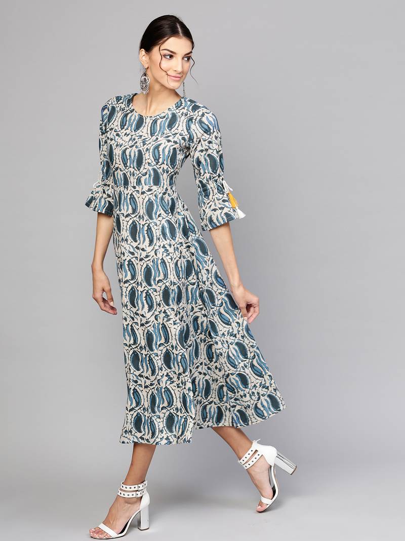 Indigo Paisley Tie-Up Sleeve Dress