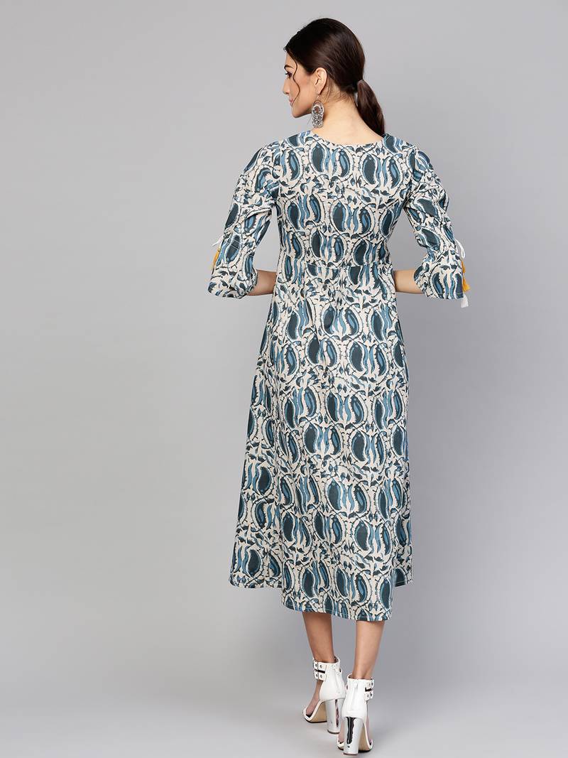 Indigo Paisley Tie-Up Sleeve Dress