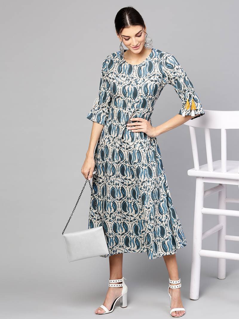 Indigo Paisley Tie-Up Sleeve Dress