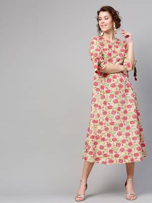 Beige Pink floral_print Tie-Up Sleeve Dress 1