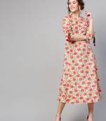 Beige Pink floral_print Tie-Up Sleeve Dress