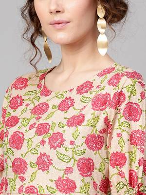 Beige Pink floral_print Tie-Up Sleeve Dress 2