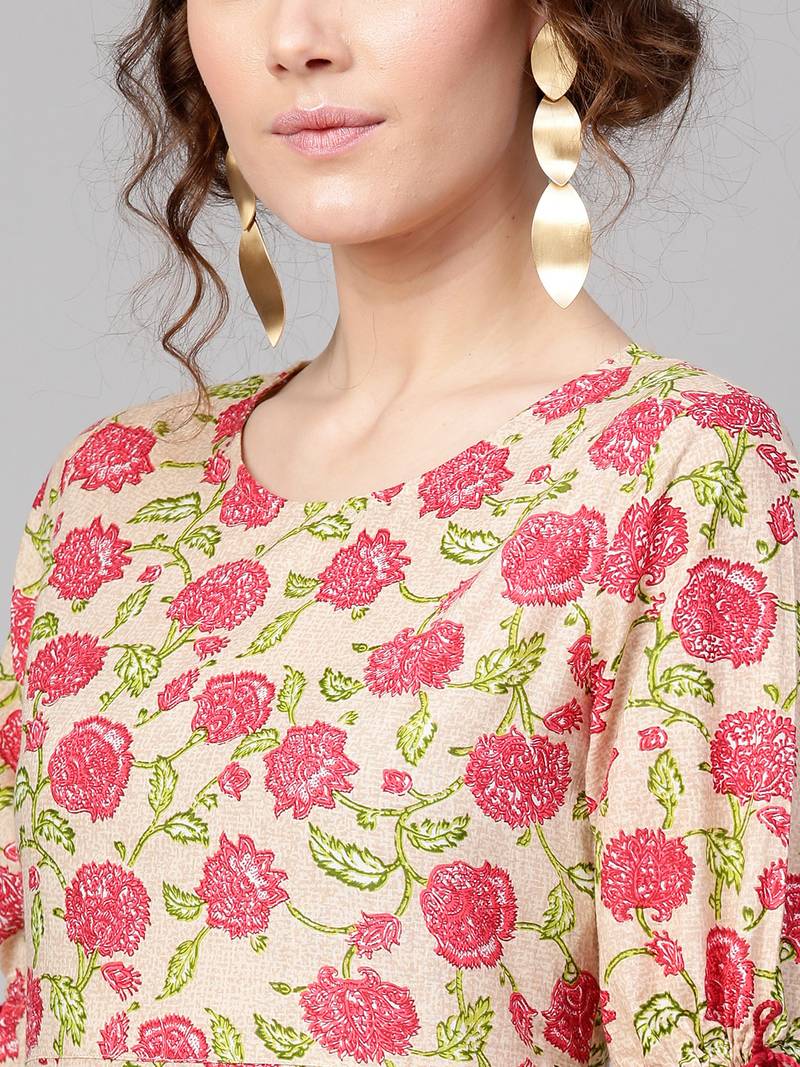 Beige Pink floral_print Tie-Up Sleeve Dress