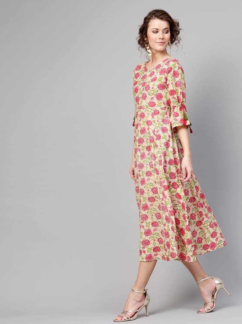 Beige Pink floral_print Tie-Up Sleeve Dress