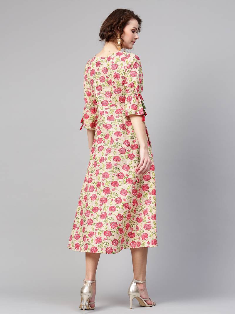 Beige Pink floral_print Tie-Up Sleeve Dress