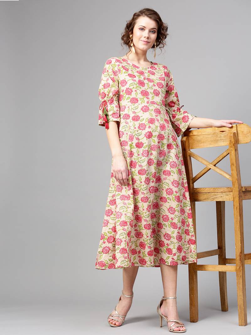 Beige Pink floral_print Tie-Up Sleeve Dress