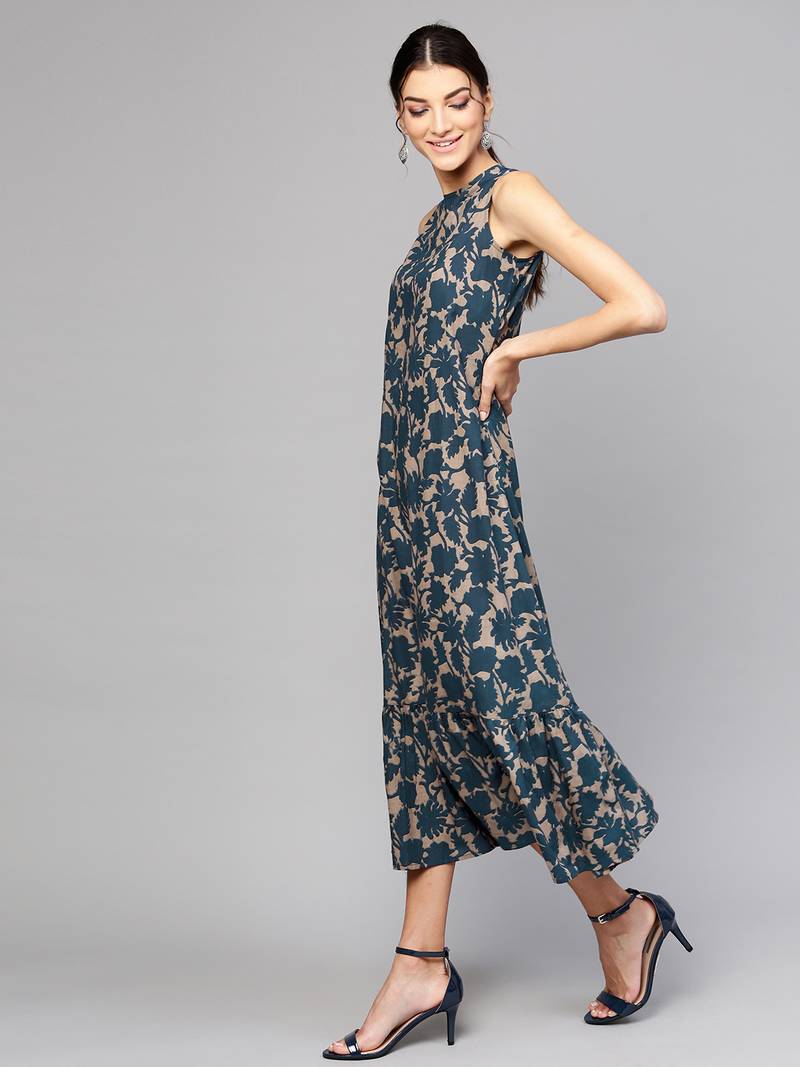 Grey Indigo floral_print Tiered Sleeveless Maxi