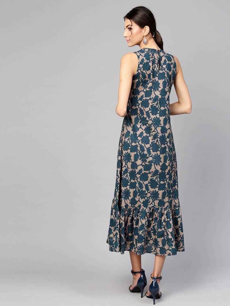 Grey Indigo floral_print Tiered Sleeveless Maxi