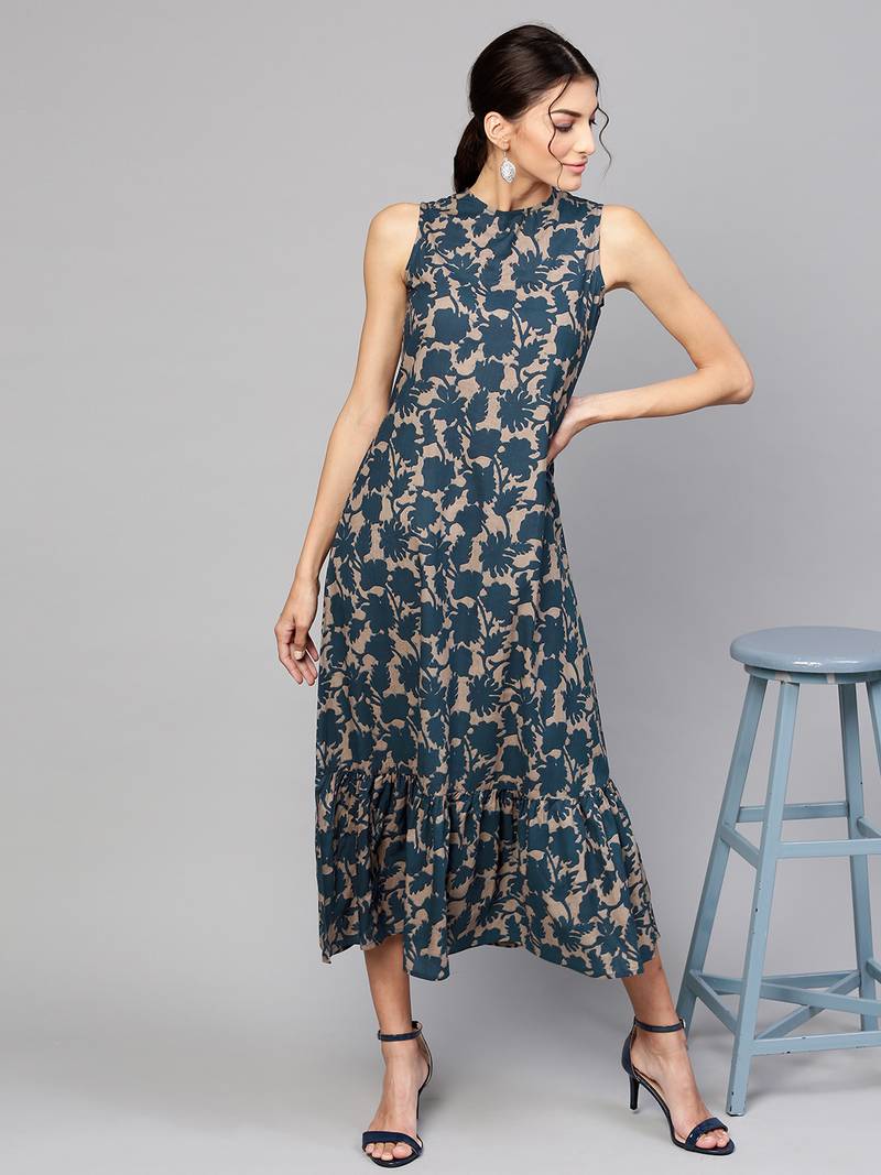 Grey Indigo floral_print Tiered Sleeveless Maxi