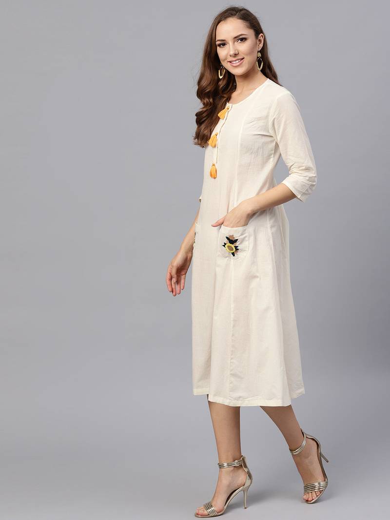Embroidered Pocket Patch Off White Dress
