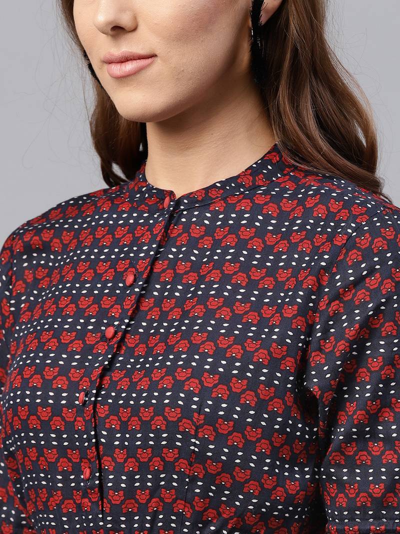 Indigo floral_print Drawstring Waist Dress