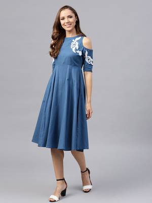 Cold Shoulder Embroidered Blue Dress 1