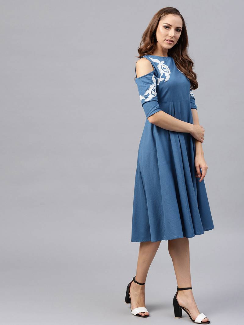Cold Shoulder Embroidered Blue Dress